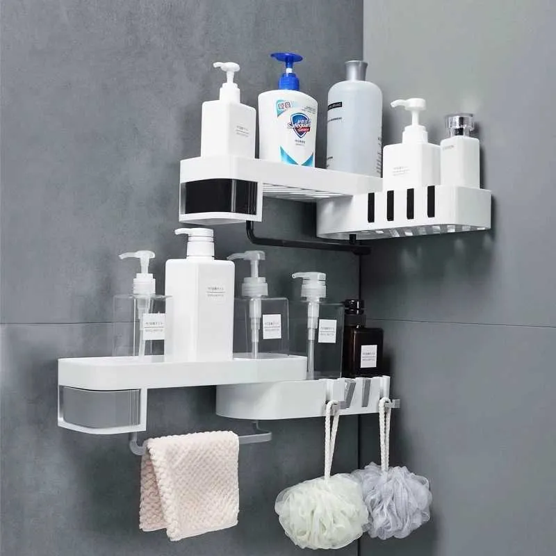 Corner Bathroom Organizer Shelf Shampoo Cosmetic Storage Rack Wall Mounted Kitchen Shelf Household Items Bathroom Accessories 210811