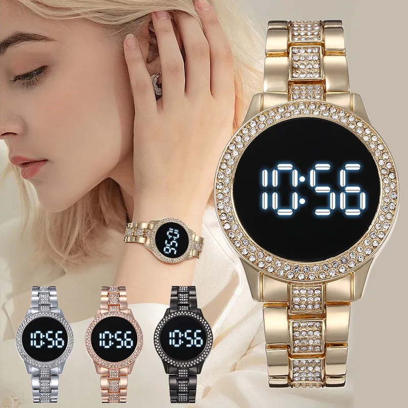 Luxury Ladies Rhinestone LED Digital Watch Simple Hardex Round Dial Alloy Strap Women Fashion Watches Wristwatch LE01 210310