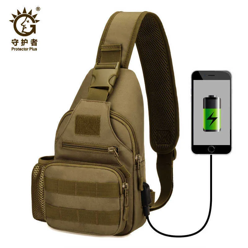 Tactical shoulder bag for men,Military Molle chest bag,outdoor waterproof sling backpack, hunting sport climbing bags with USB Q0721