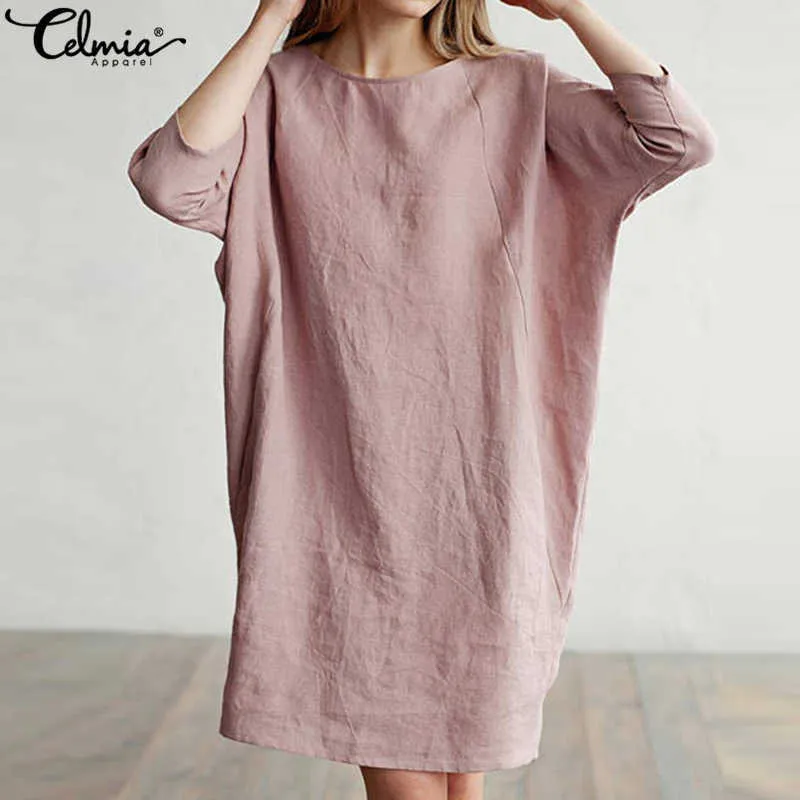 Celmia Women Long Shirt Cotton Linen Dress 3/4 슬리브 포켓 빈티지 드레스 숙녀 캐주얼 느슨한 솔리드 미니 Vestidos 플러스 사이즈 J190619