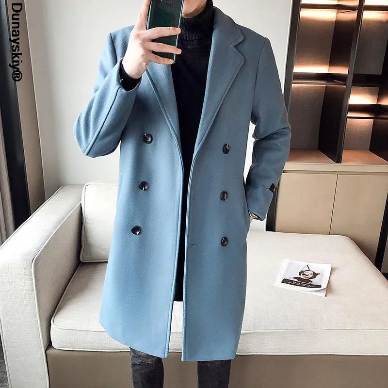 Mäns ullblandningar Dubbelbröst Solid Mänrockar Vinter Long Coat Jacket 2021 Overroat Trench M-3XL