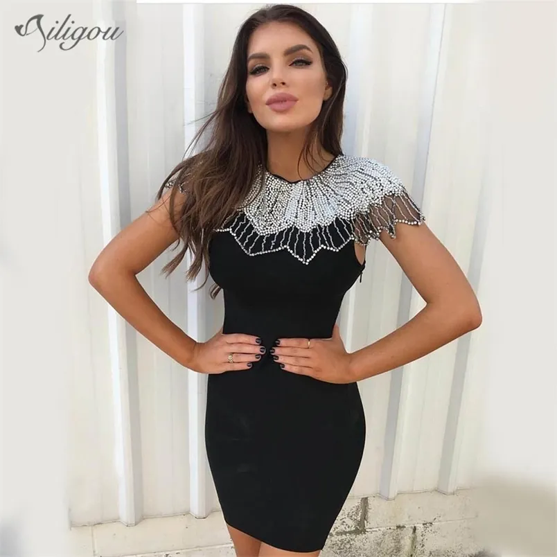 Frauen Verband Mini Kleid Promi Party Sexy Bodycon Rundhals Mantel Mesh Perlen Diamant Vestidos 210525