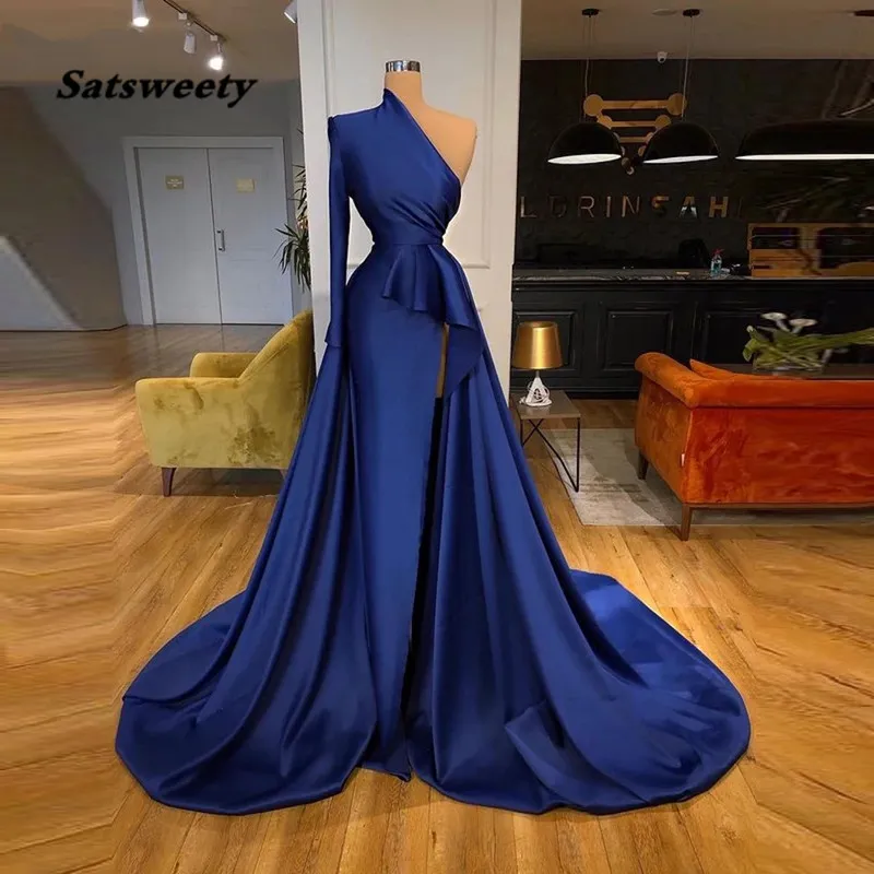 Abendkleider 2023 Marokkanische Kaftan Muslimische Abendkleider Meerjungfrau Langarm Satin Arabisch Dubai Königsblau Formale Kleider Vestidos