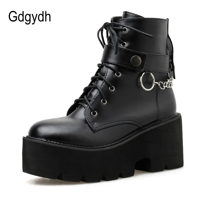 Gdgydh New Sexy Chain Women Leather Autumn Boots Block Heel Gothic Black Punk Style Platform Shoes Calzature femminili di alta qualità K78