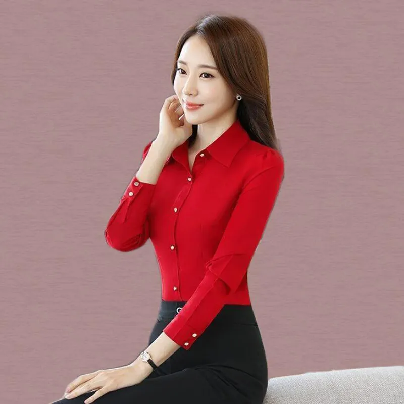 Desenhos Mulheres Mulheres Manga Comprida Blusa Estilo Coreano Elegante  Botões Slim Camisa Vermelha Escritório Senhora Trabalho Formal Camisas  Brancas Top Plu De $80,35