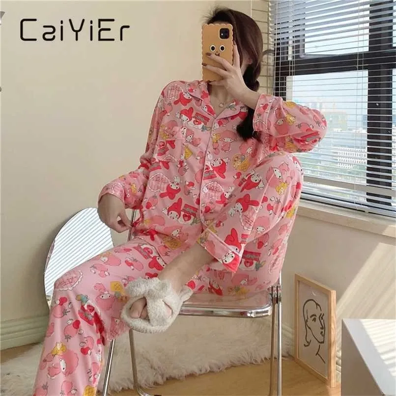 Caiyier Lente Herfst Roze Vrouwen Pyjama Set Cute Cartoon Meisjes Koreaanse Nachtkleding Lange Mouwen Broek Lounge Lounge Kleding M-2XL 211112