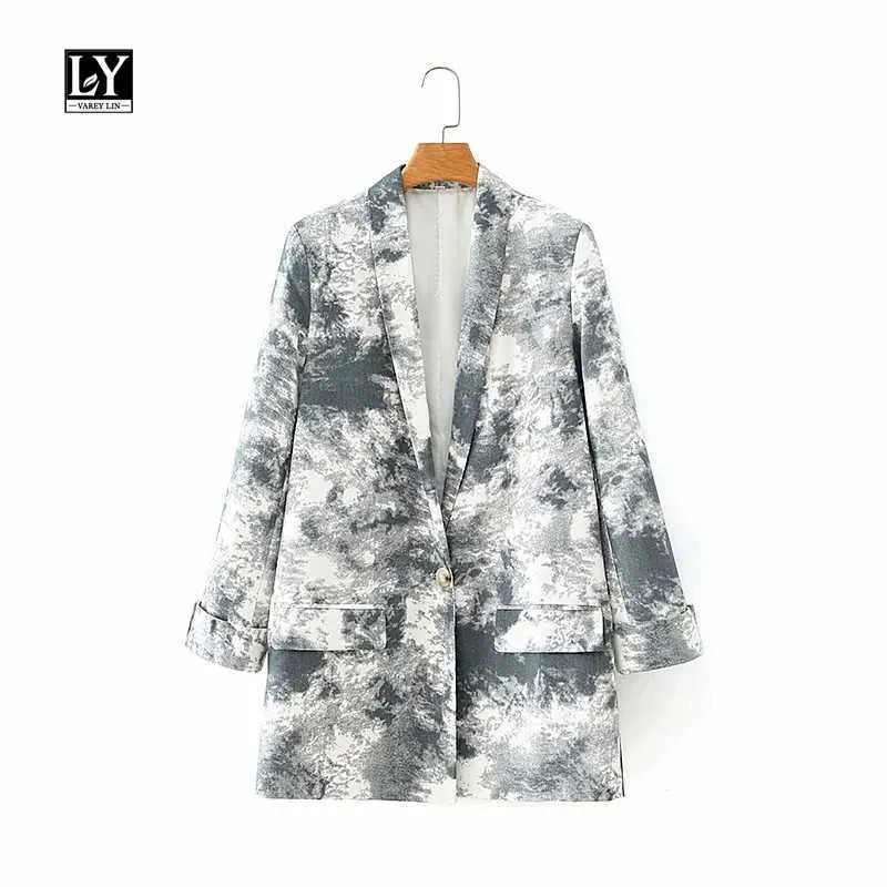 LY VAREY LIN Autumn Women Casual Suit Jacket Black White Tie Dyed Printing Single Button Loose Office Lady Outerwear 210526
