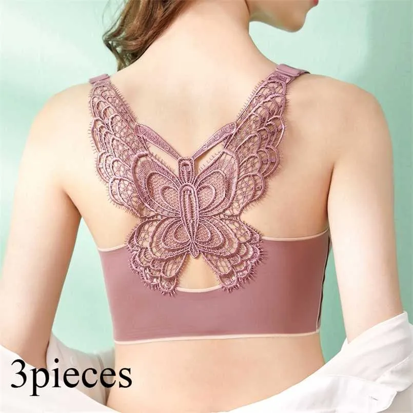 3pcs / set thai latex plus storlek underkläder kvinnor ingen stål ring fjäril vacker tillbaka sexig samla bekväm väst stil bh d 211110