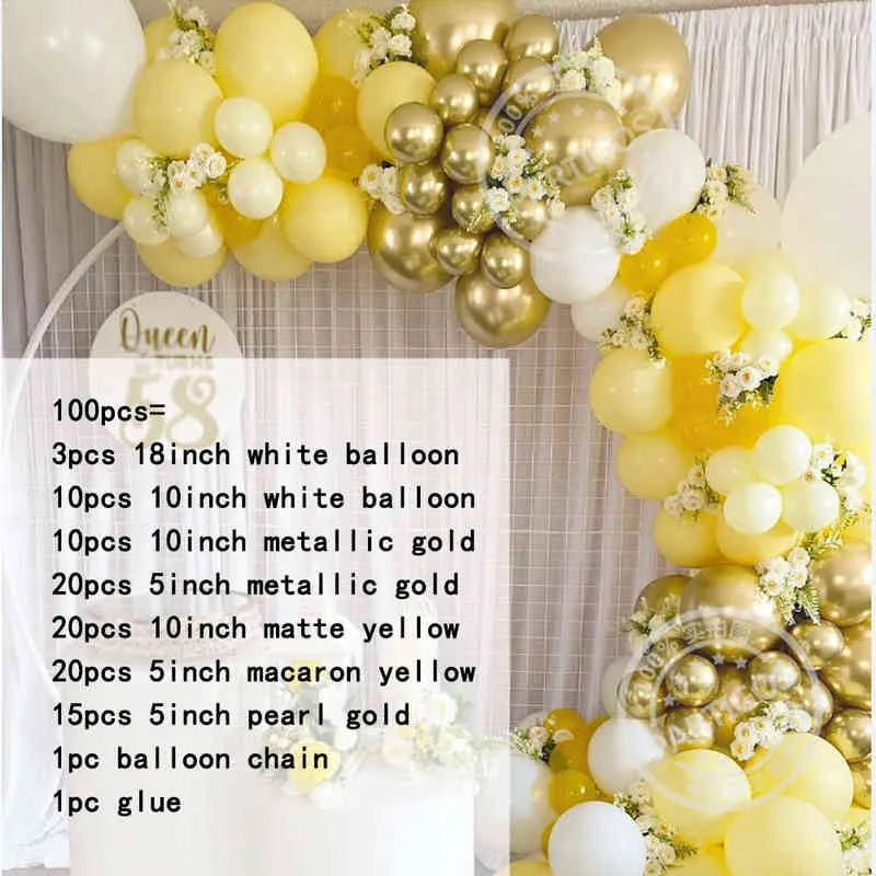 100Pcs Yellow Balloon Garland Kit White Metal Gold Latex Globos For Wedding Summer Party Kids Birthday Decorations Baby Shower 211272v