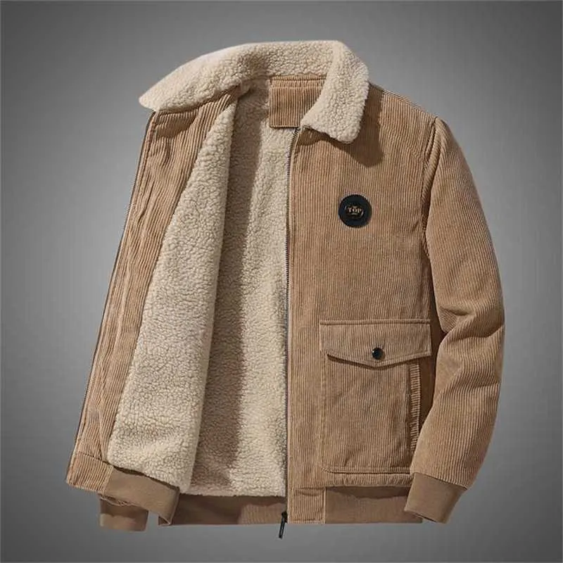 Winter Warm Thicken Corduroy Jassen Mannen Bontkraag Khaki Coat Casual Solid Color Losse All-Match Fleece Thermal Parkas 211124