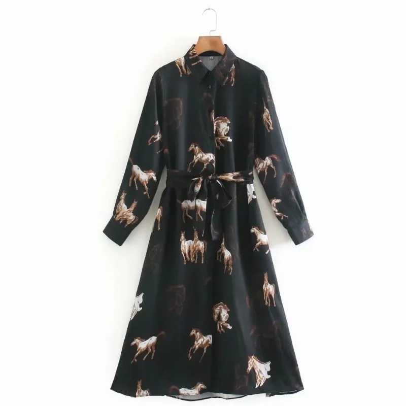 Women Horse Print Shirt Dress Turn-Down Collar Long Sleeve Casual Mid-Calf  Dress D6793 from Dhgate Basic & Casual Dresses - price 42.47
