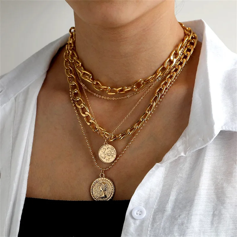 Vintage Multilayer Chain Necklace Women's Necklace Torques Large Coin Pendant, Jewelry Accessories