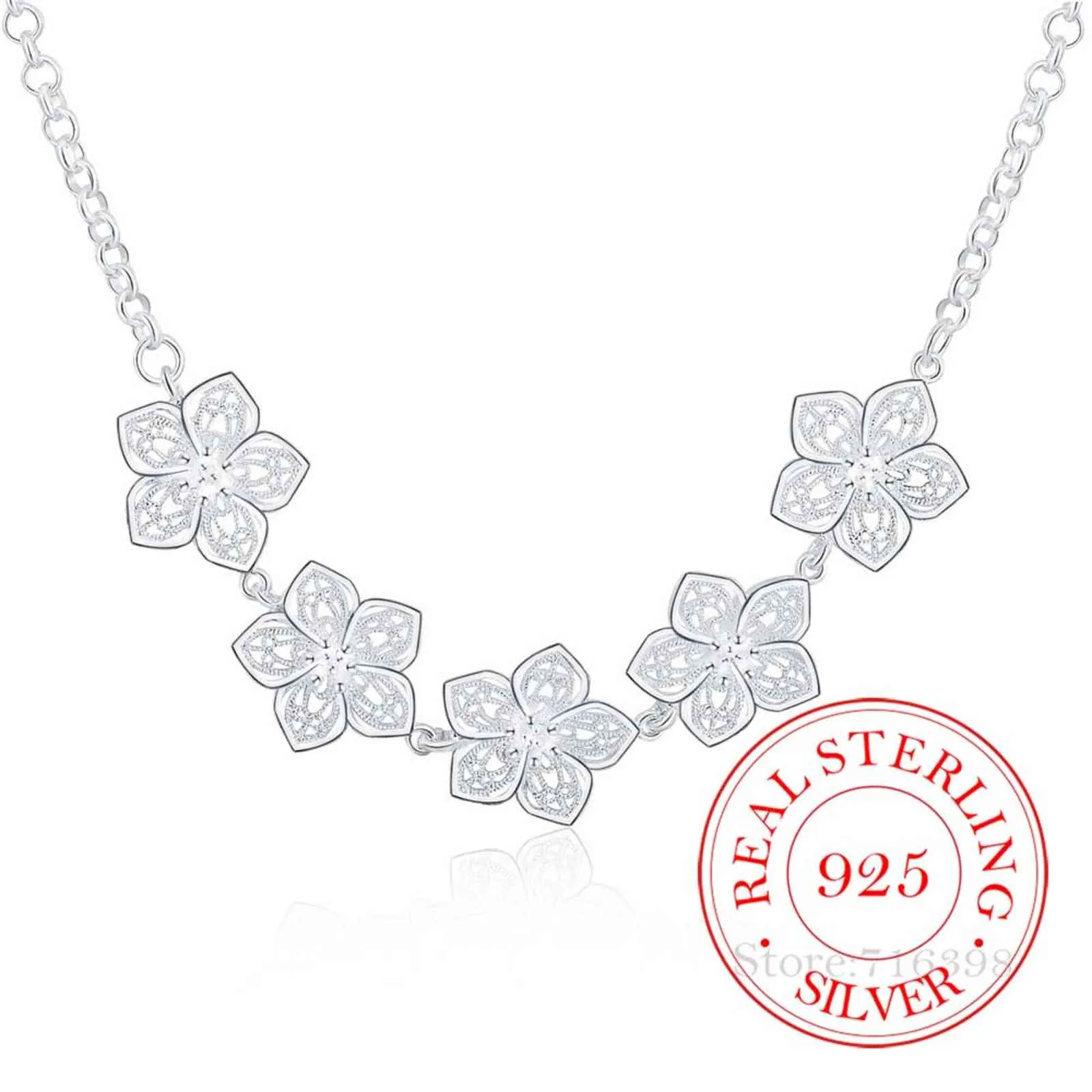 PRC3 Vintage Bijoux Luxury Rose Flower Chain Statement Pendant Necklace for Women 925 Sterling Silver Fine Jewelry