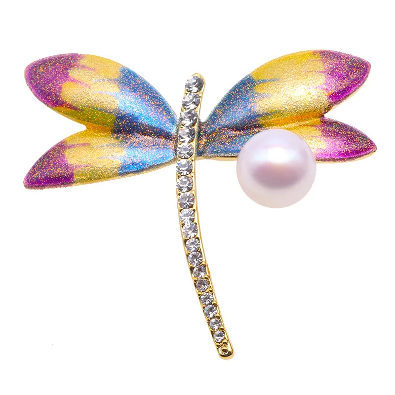 JYX Pins for women Elegant Dragonfly-style 10.5mm Pure Freshwater Pearl Cultured Enamel Brooch Pin