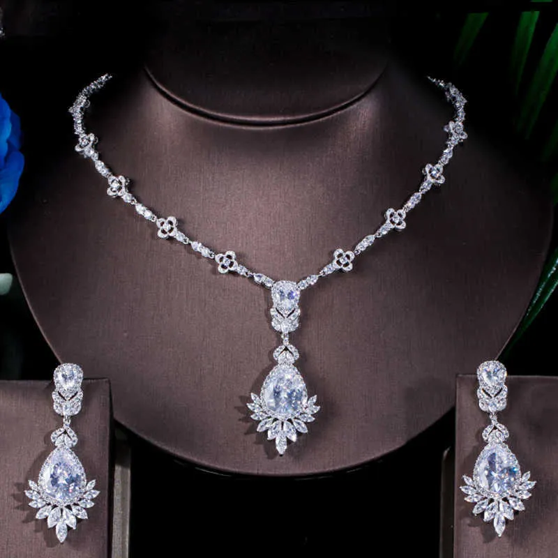 ThreeGraces Luxurious Big Water Drop Wedding Bouquet Accessories Marquise CZ Zircon Stone Bridal Jewelry Sets For Brides JS062 H1022