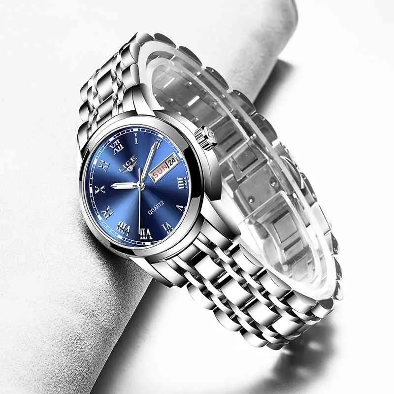 LIGE Femmes Montres Dames Simple Plein Acier Bleu Quartz Horloge Casual Mode Montre Sport Étanche Montre-Bracelet Relogio Feminino 210527