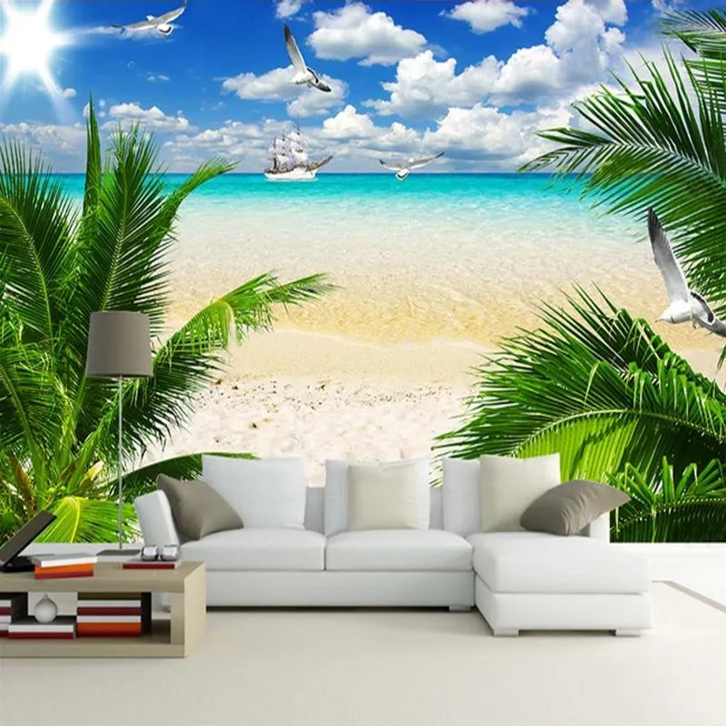 Fonds d'écran Custom 3d plage affiche po wallpaper peint bleu ciel blanc nuages noix de coco.