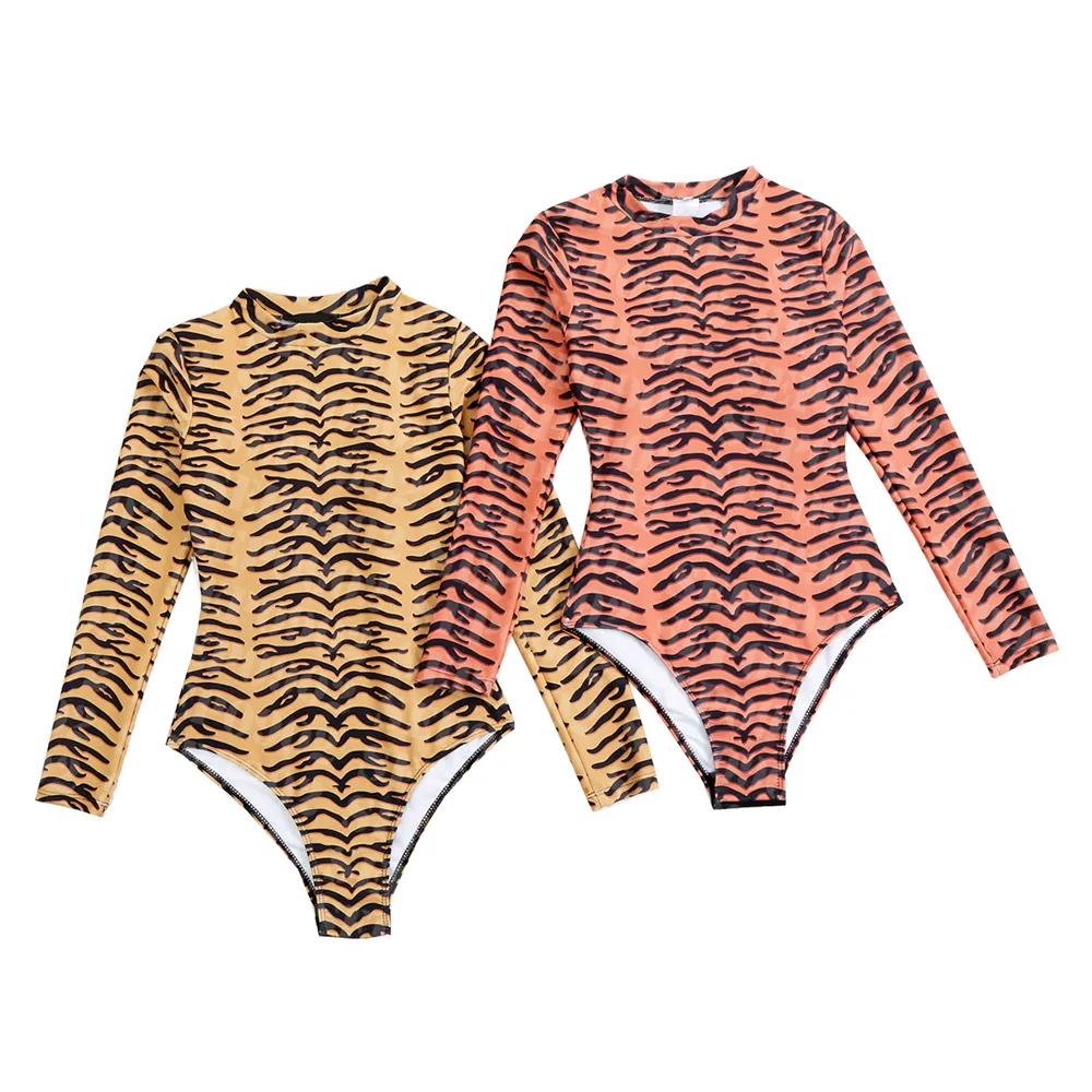 Costume da bagno leopardato alla moda Costumi da bagno a maniche lunghe da donna Costumi da bagno interi per vacanze al mare Costumi da bagno traspiranti ad asciugatura rapida