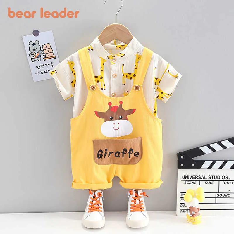 Beer leider geboren baby zomer casual kleding sets zomer mode kinderen cartoon shirts en jarretelle broek outfit voor meisjes jongens 210708