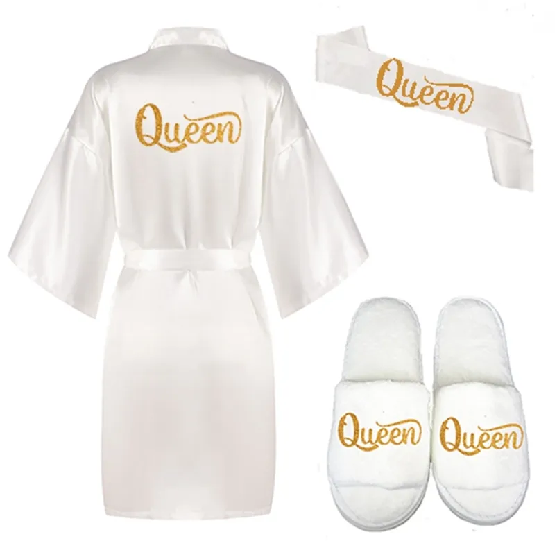 3-teiliges Set Glitzer Gold Königin Robe Braut Satin Robe Frauen weiß Kimono Pyjamas Braut Party Kimono Hochzeit Königin Braut Roben 210831