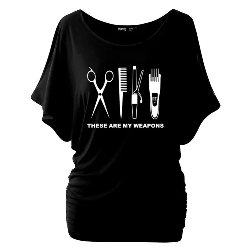 여름 여성 Tshirt 미용사 T 셔츠 멋진 인쇄 이발사 무기 여성 면화 배틀 윙 슬리브 가위 소녀 탑 티 플러스 크기 210623