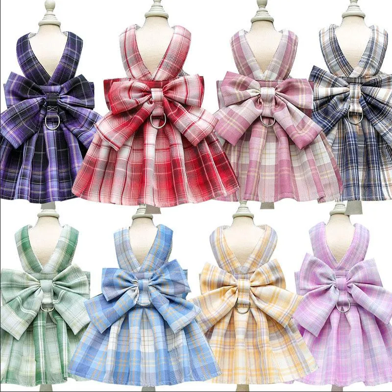 Dog Collars & Leashes Classical Plaid Dresses Harness Leash Suit Small Clothes Ropa Perro Chihuahua Skirt Big Bow-knot Puppy Dress Pet