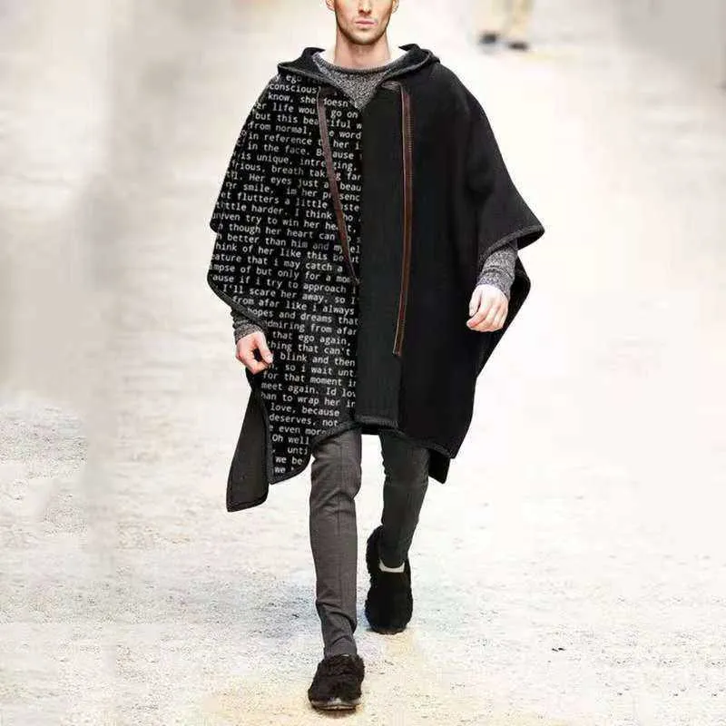 Vintage Poncho Men Oversized Hooded Irregular Trench Punk Male Outerwear Fashion Coats Cloak Hood Letter Print Cape Female 211011