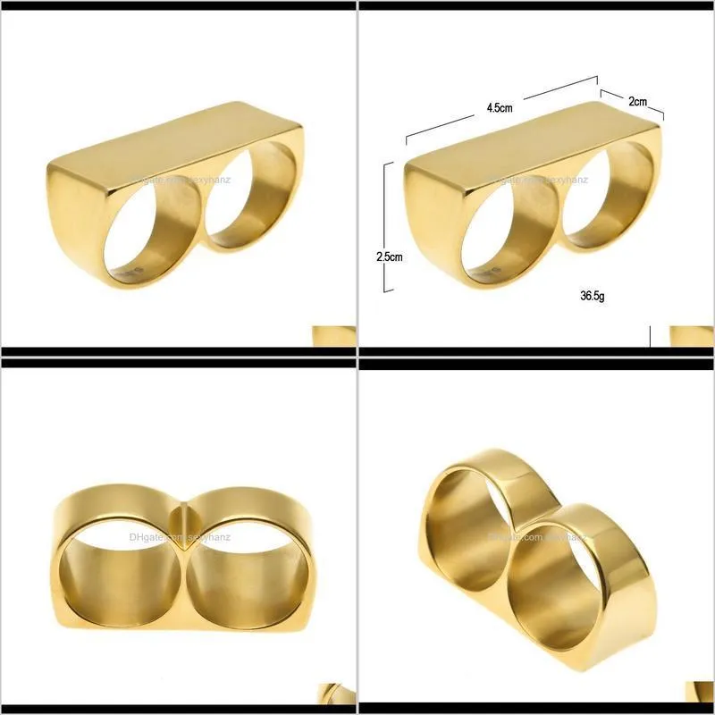 Mens Two Fingers Double Ring Rings Boys Gold-Color 316L Stainless Steel Metal Ring Hiphop Punk Style Jewelry Rings