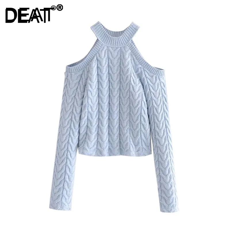 [DEAT] Spring Autumn Fashion Solid Color Long Sleeve Round Neck Sexy Strapless Knitting Sweater Women 13C238 210709