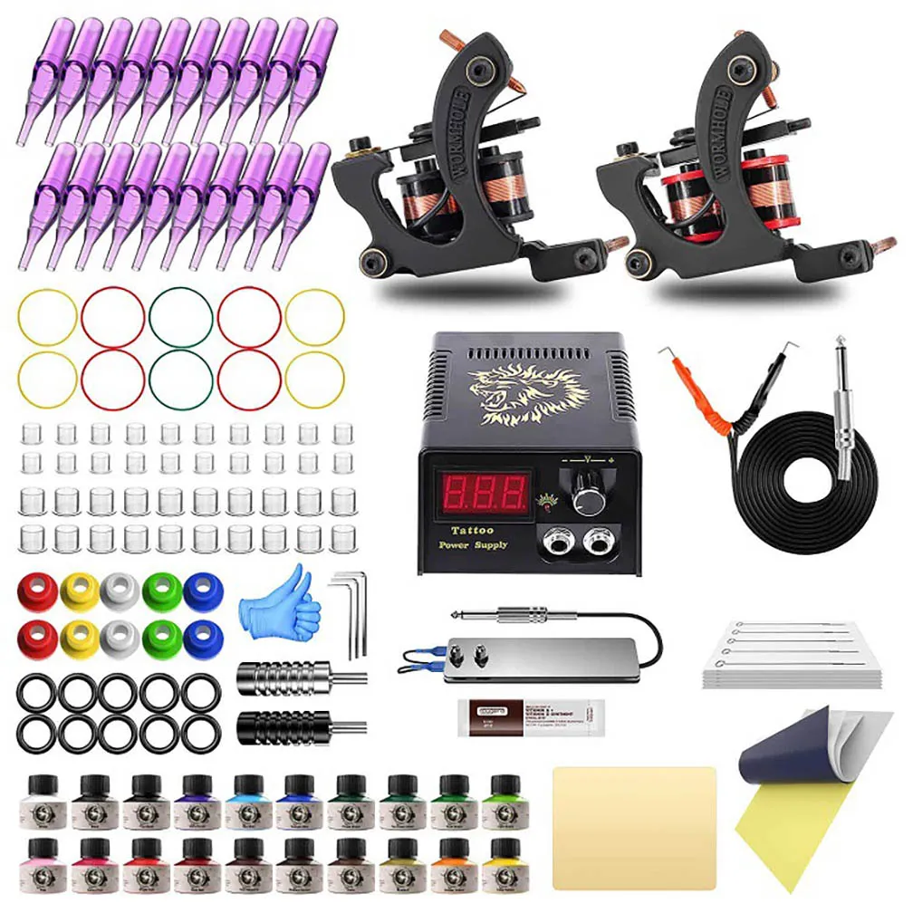 2 Tattoo Machines Kit With Tattoo Complete Accessories 20 Bottles Of