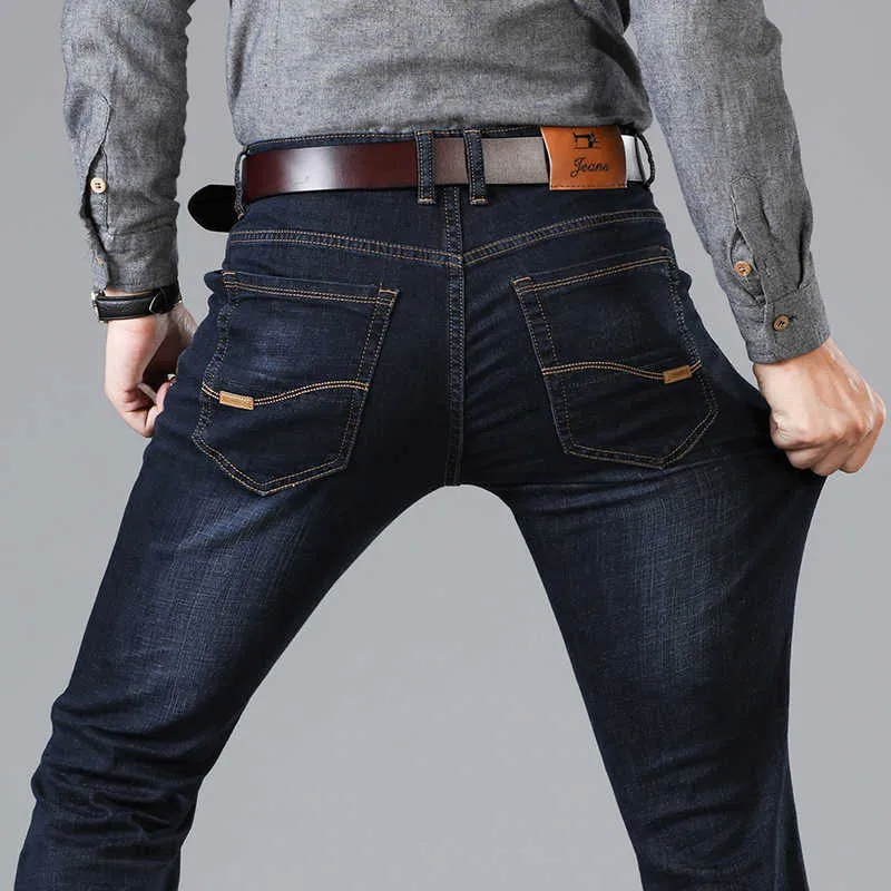 Jeans da uomo stile classico nero blu vestibilità regolare pantaloni business casual in denim elasticizzato pantaloni di marca maschile 210622