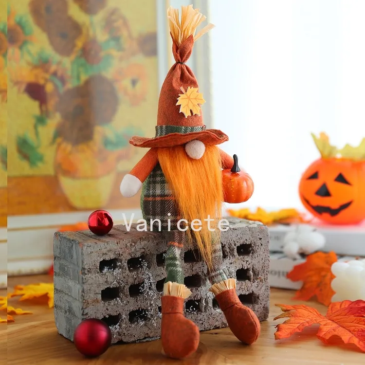 Halloween Party Decoration scarecrow hat long legs with broom dwarf doll creative faceless doll tabletop ornaments T2I52392