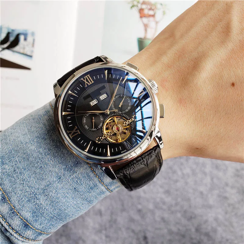 Fashion Swiss Watch Leather Tourbillon Watch Automatic Men Wristwatch Mens Mechanical Steel Watches Relogio Masculino Clock165W