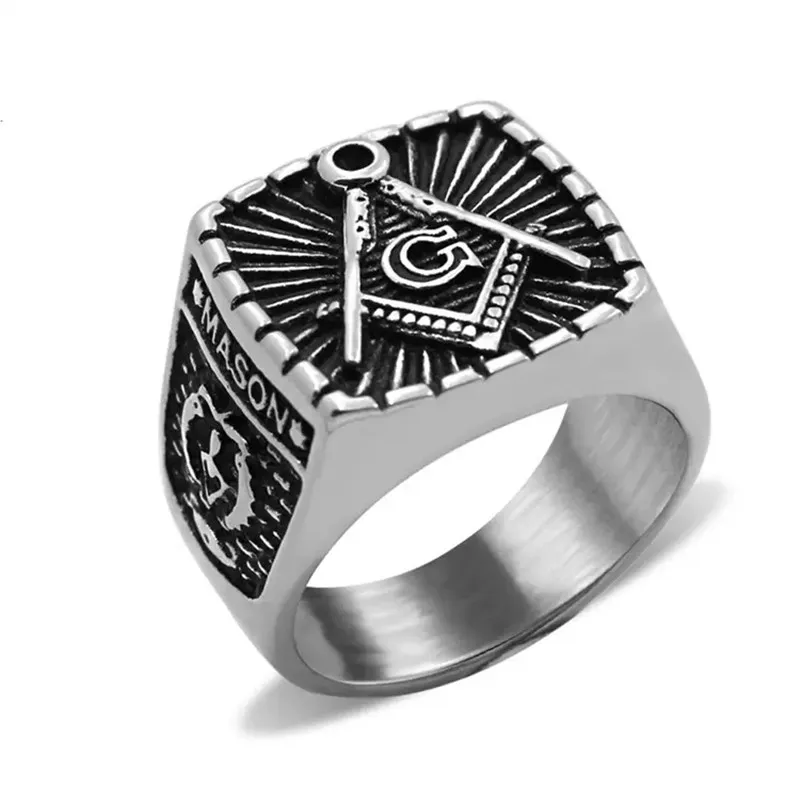 Rostfritt stål Ring Svart Retro Antik Silver Gratis Masons Master Masonic Compass Square Freemason Signet Ring Freemasonry Fraternal Association Mäns smycken