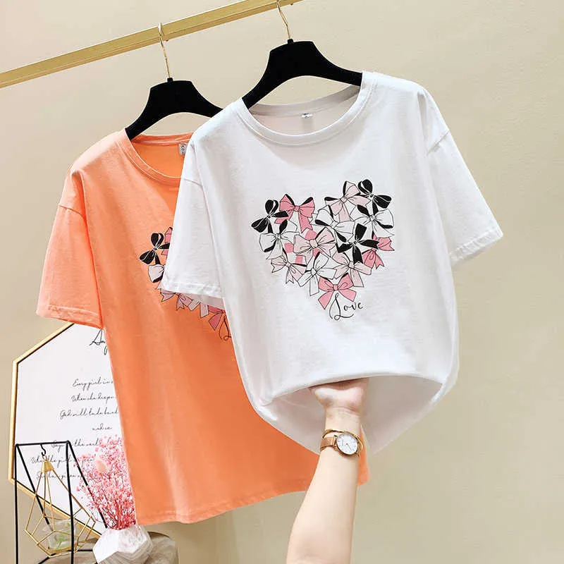 Plus Size Shirt Femme Damen Tops Weißes T-Shirt Frauen Sommer Kurzarm Frau Kleidung Casual Bow Print T-Shirt 210604