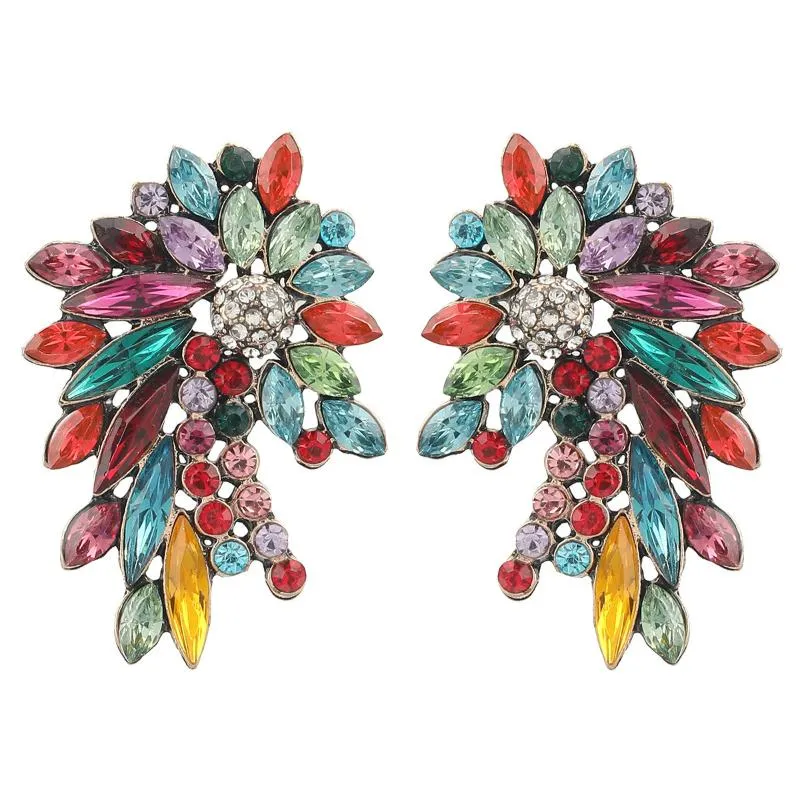 Boucles d'oreilles à fleurs creuses en strass coloré exagéré à la mode pour femmes bijoux à grande oreille