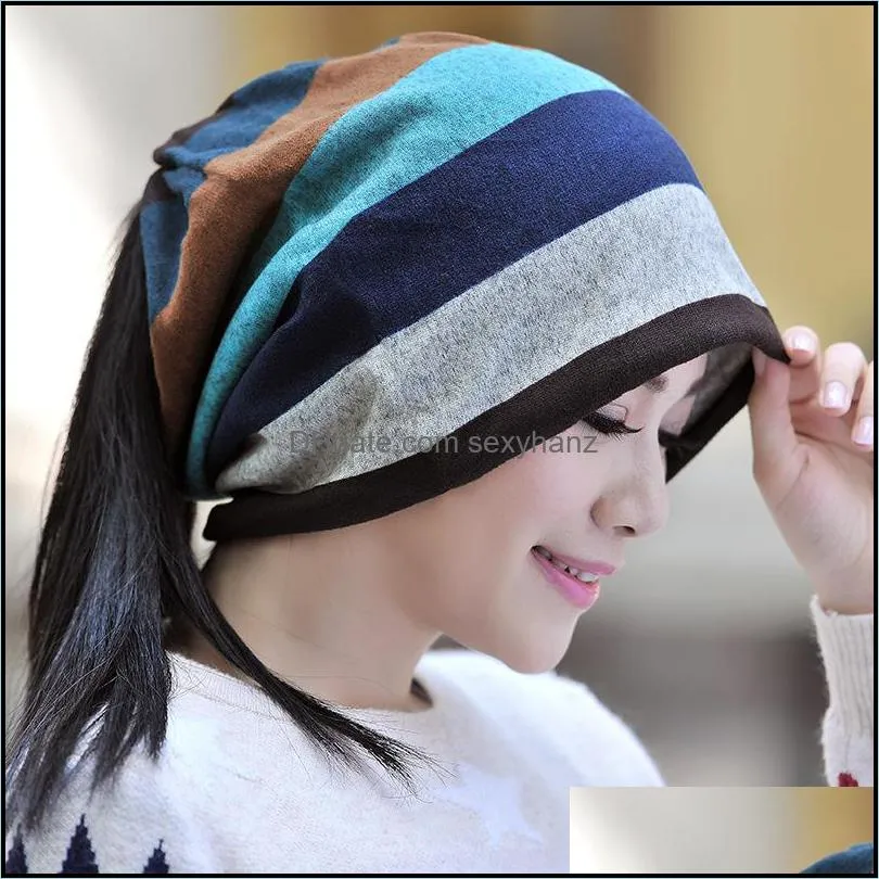 New Autumn Winter Women Stripe Hat Horsetail Cap Beanies Neck Warmer Big Girls Lady Knitted Hats M253