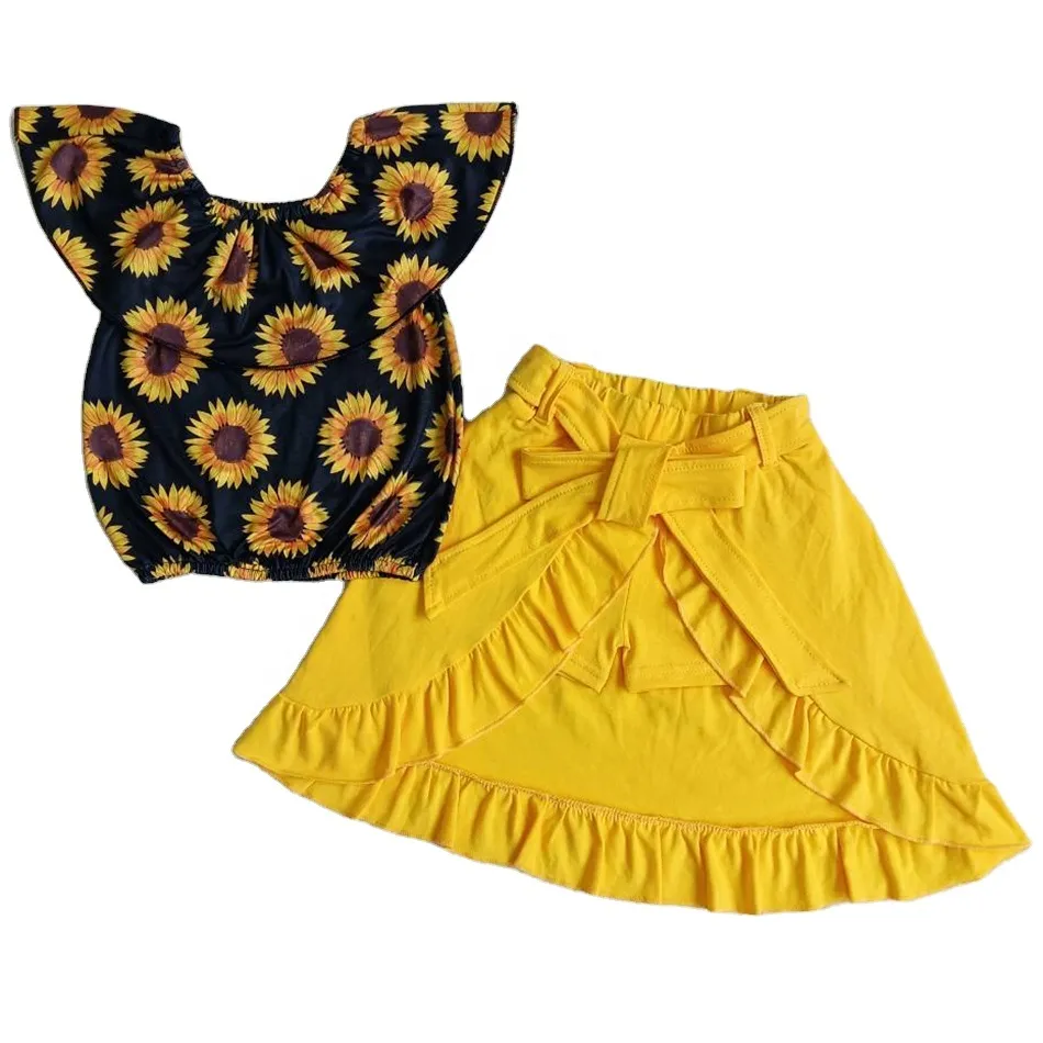 Son bebek kıyafetleri çocuklar butik yaz kıyafetleri moda ayçiçeği toptan çocuk giyim setleri kız etek