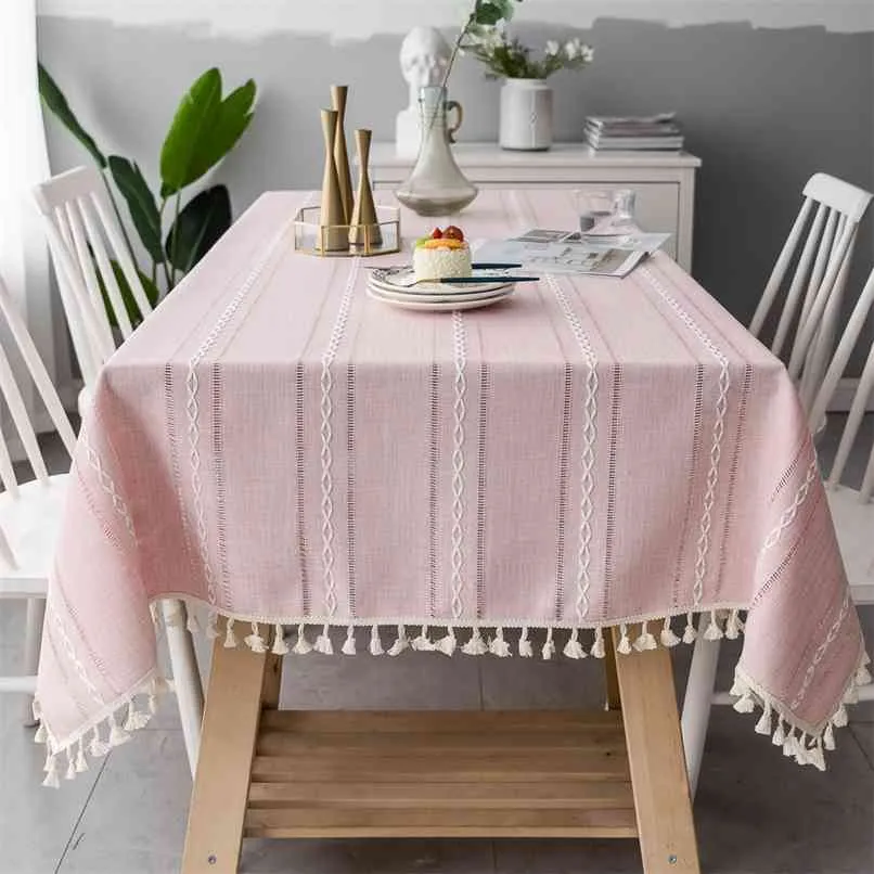 Nordic Christmas Toalha de Tablecloth Pink Hollow Jacquard Listrado Retângulo Pano de Algodão Roupa de Linho Decoração 210626