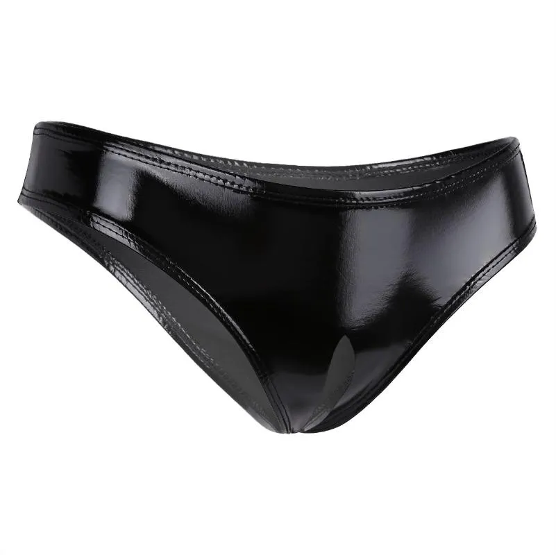 Women's Panties Adults Sexy Underwear Women Erotic Pussy Hole Lingerie Black Patent Leather Open Crotch Mini Latex Briefs Por234c