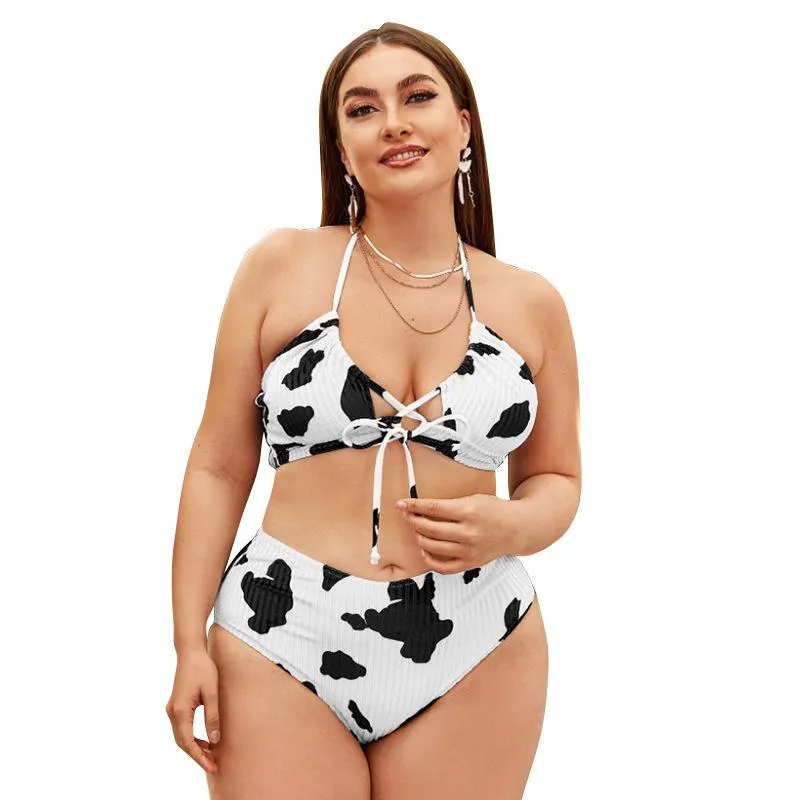 Ternos de uma peça 2021 senhoras tamanho grande biquíni conjunto de banho split corpo mulher sexy leite impressão gorda menina 4xl sw186