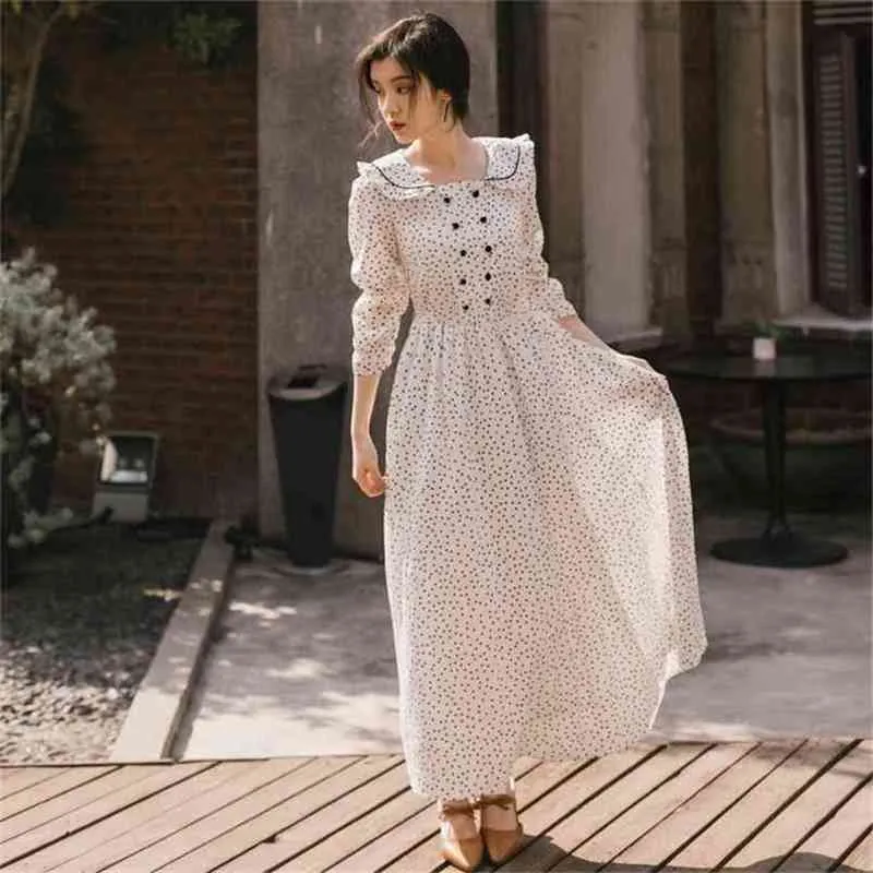 Sweet Girl White Mid-Calf Flare boho maxi dress with Peter Pan Collar and Dot Detailing - Perfect for Spring and Summer (210603)