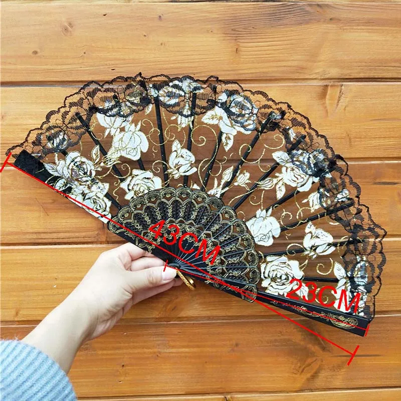 Lace Dance Fan Show Craft Folding Fans Rose Flower Design Plastic Frame Silk Hand Fan