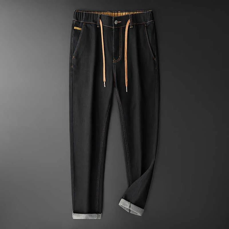 Tfetters outono inverno moda jeans homens grossos macio algodão elástico cintura solta jeans zíper cordão design jeans jeans 210622