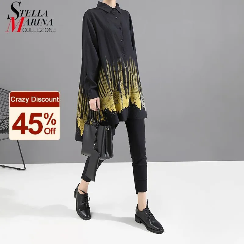 Camicetta a vita bassa nera oversize a maniche lunghe da donna nuova camicetta tinta unita stampata da donna casual da strada stile femminile chemise femme 210302