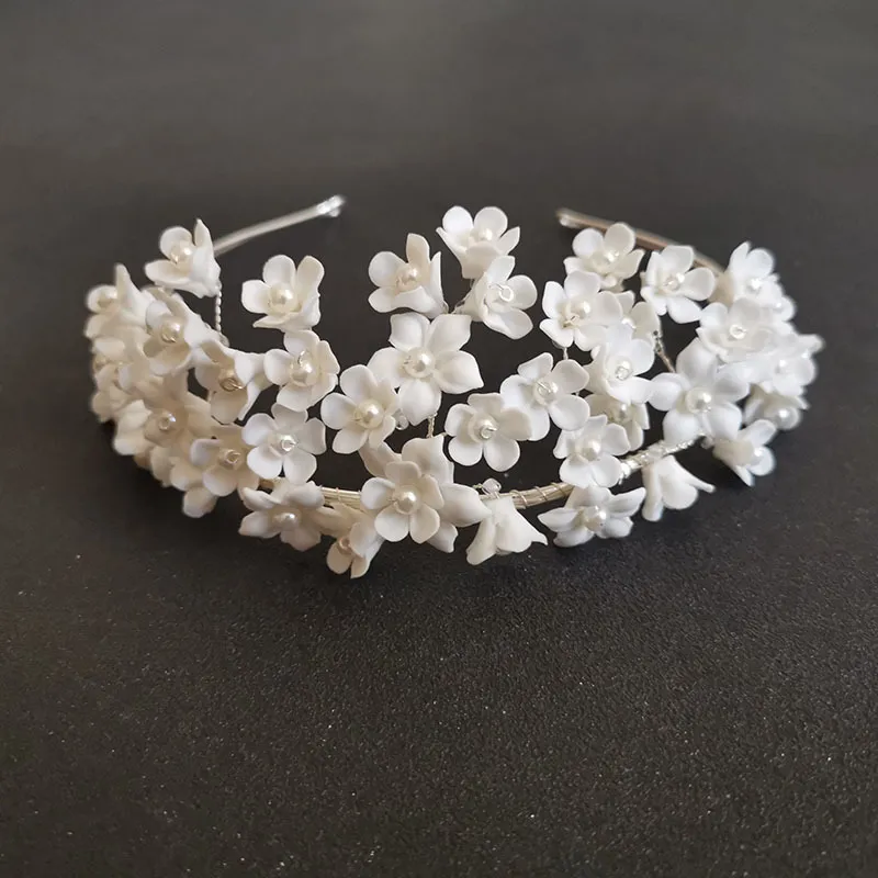 SLBRIDAL Handmade Luxury Crystal Rhinestones Pearls Ceram Flower Bridal Tiara Wedding Bridesmaids Party Crown Women Hair Jewelry
