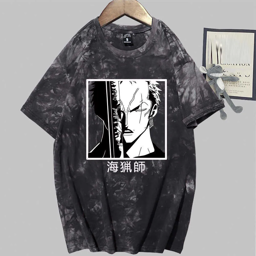 One Piece Anime Short Sleeve O-Neck Tie Färg Casual Loose Uniex T-tröja Y0809