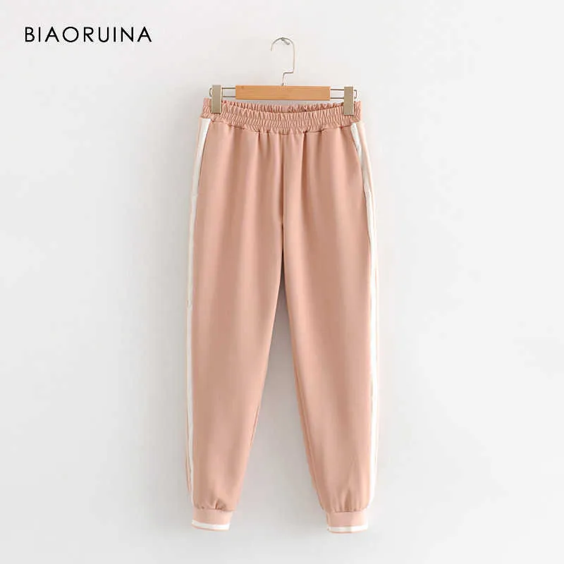 BIAORUINA Women's Fashion Side Striped Elastic Pencil Pants Female Casual All-match Pants Active Wear Women Comfortable Trousers Q0801