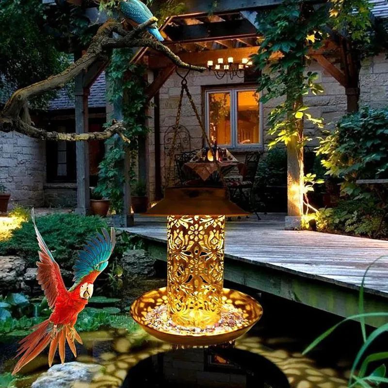 Çim lambalar Güneş enerjisi kuş besleyici su geçirmez ışık vahşi asılı bronz metal tepsisi fener açık havada bahçe ağacı dekorasyonu
