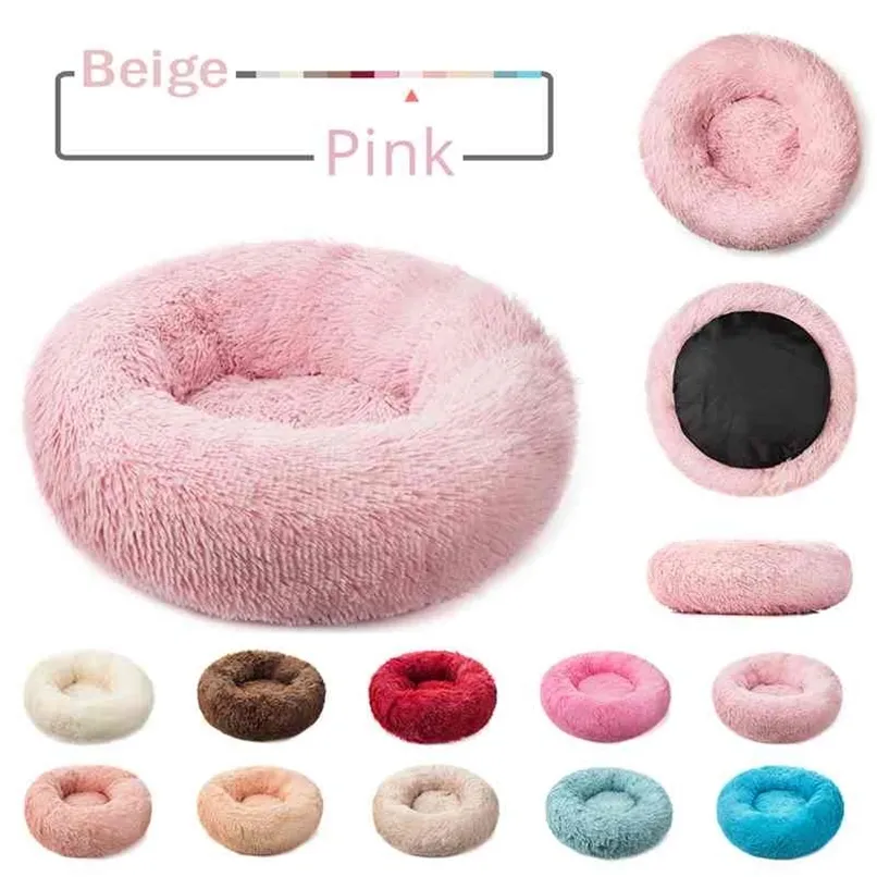 Letti per cani di peluche lunghi rotondi Soft Soft Fluffy Cat Dog Bed Cushion Mat Antiscivolo Caldo per cani di taglia piccola e media Casa 210915